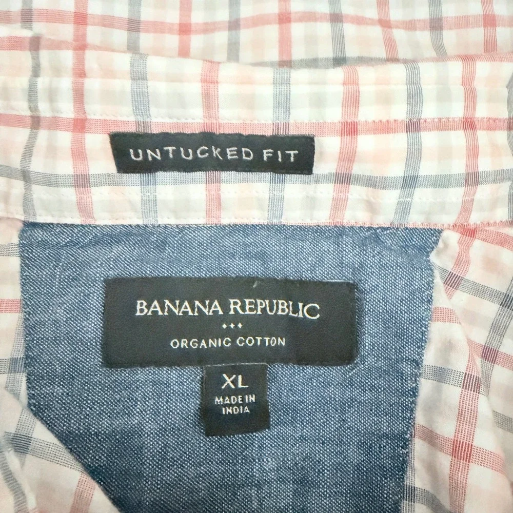 Banana Republic‎ Button Down Mens XL Red Blue Plaid Organic Cotton Untucked Fit